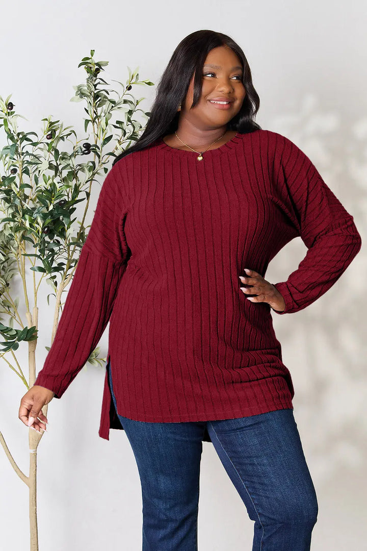 Ribbed knit long sleeve tunic top with side slits