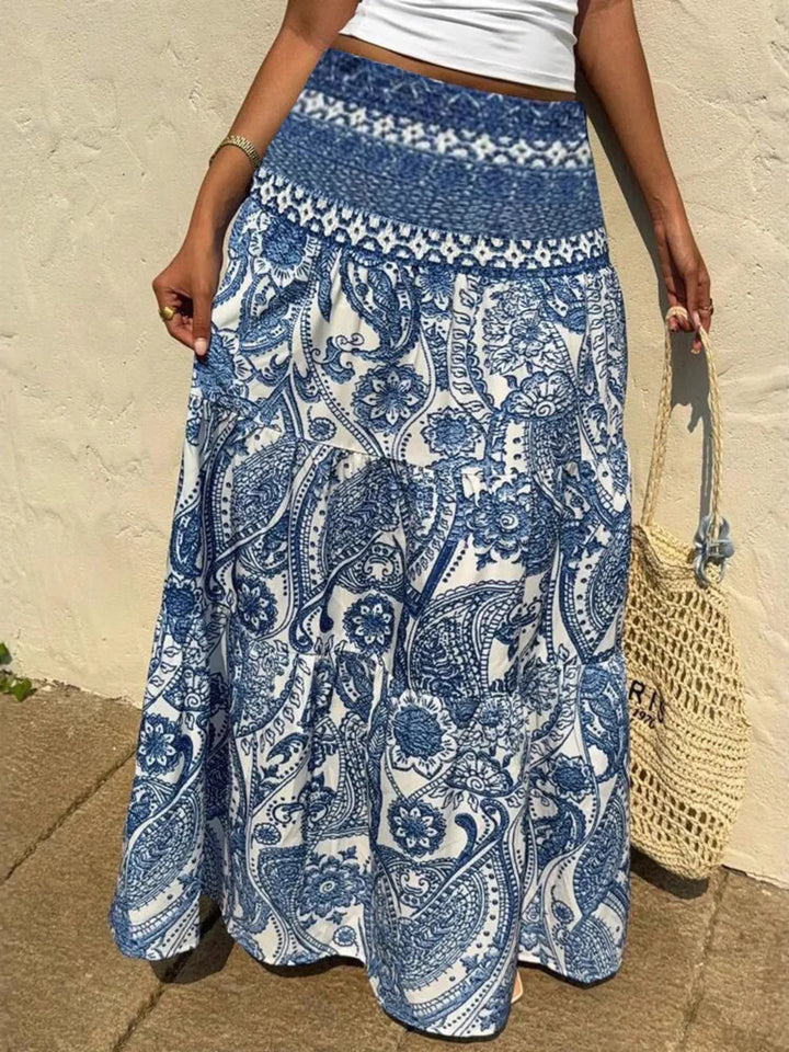Paisley print tiered maxi skirt with smocked waist