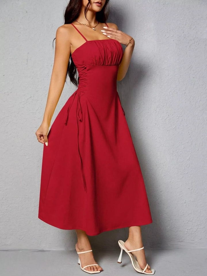 Lace-up side A-line midi dress with ruched bodice