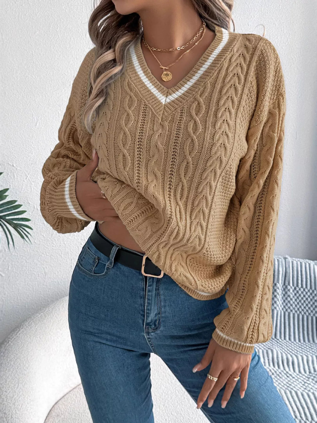 Mixed cable knit drop shoulder V-neck pullover sweater