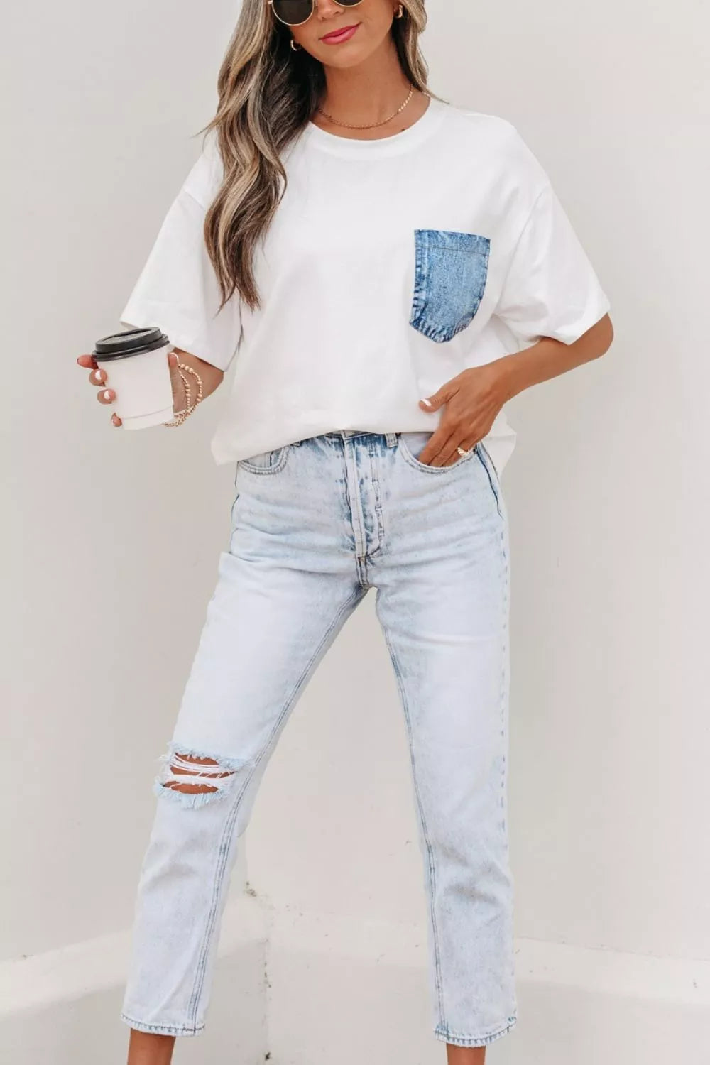 Denim chest pocket relaxed cotton crew neck tee