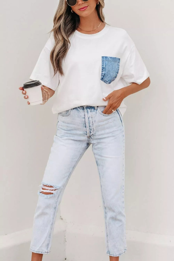 Denim chest pocket relaxed cotton crew neck tee