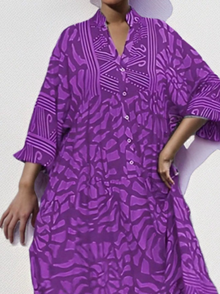 Abstract print button-front tiered midi dress