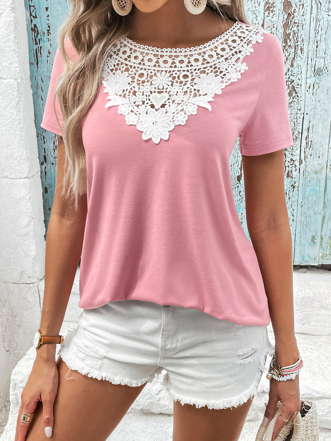 Contrast floral crochet lace short sleeve top