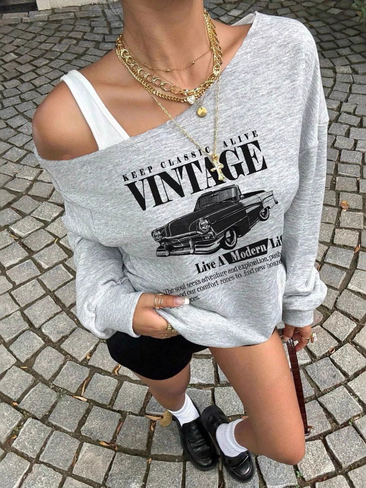 Gray Vintage car graphic asymmetrical off-shoulder sweatshirt