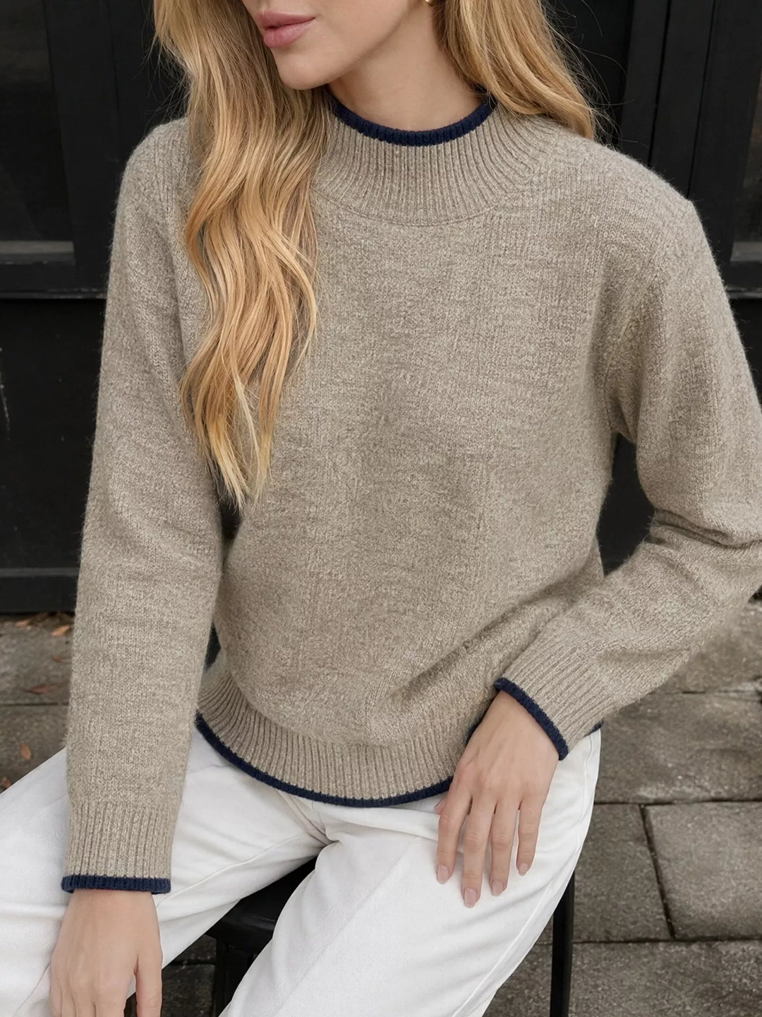 Contrast tipped mock neck sweater with ribbed trim