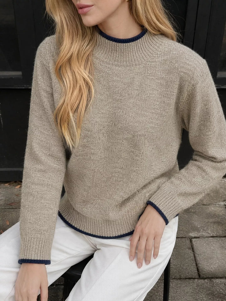 Contrast tipped mock neck sweater with ribbed trim