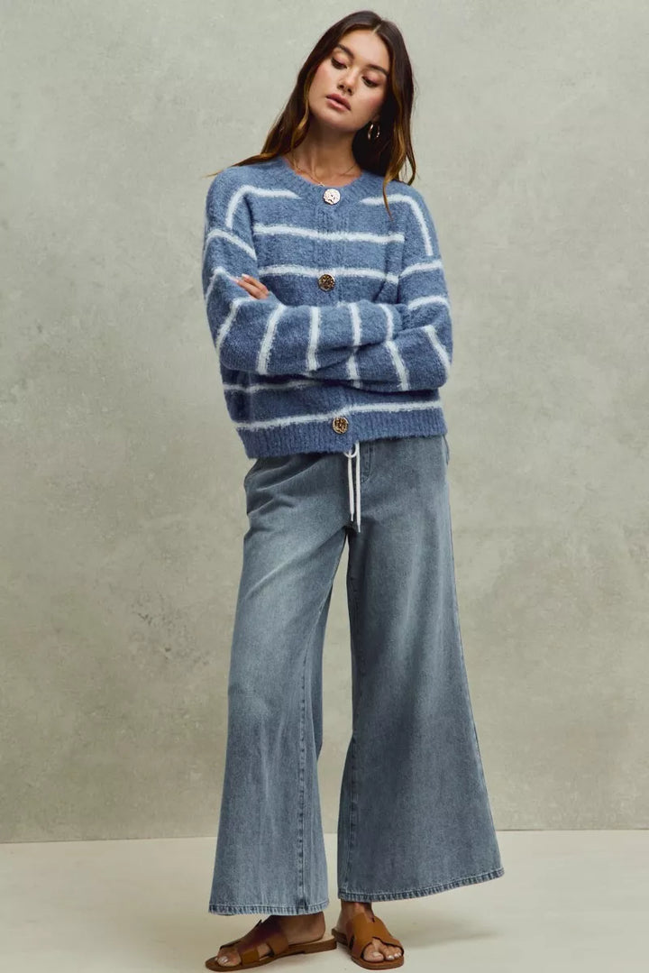 Pull-on mid-rise flare denim jeans with drawstring waist