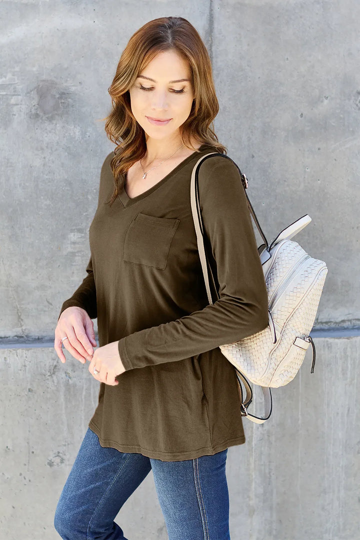 V-neck long sleeve top with chest pocket