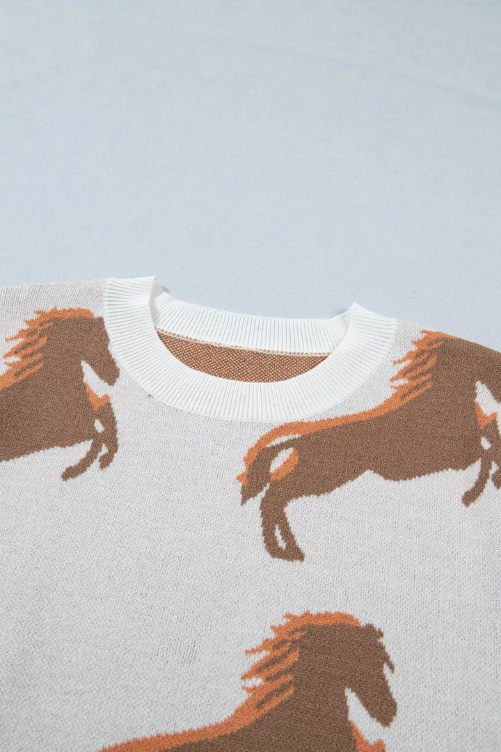 Horse graphic ribbed knit puff sleeve sweater top