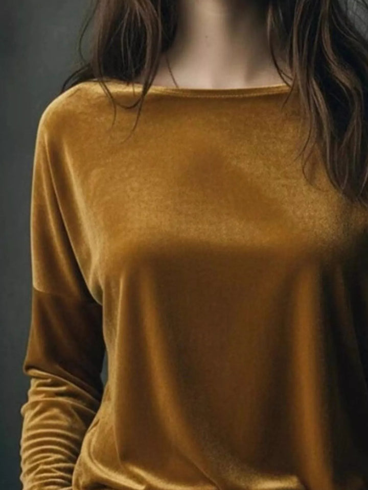 Velvet long sleeve boat neck top with dropped shoulders