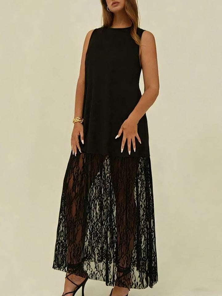 Black Plus Size Sleeveless Lace Trim Maxi Dress