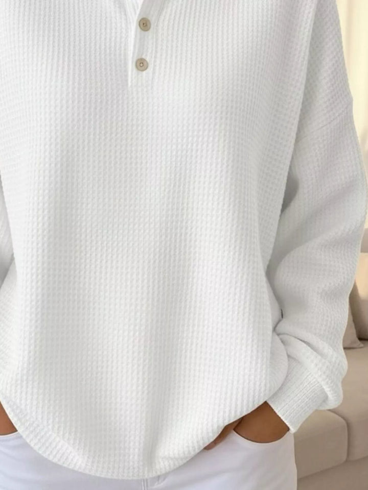 Waffle knit collared pullover with button placket