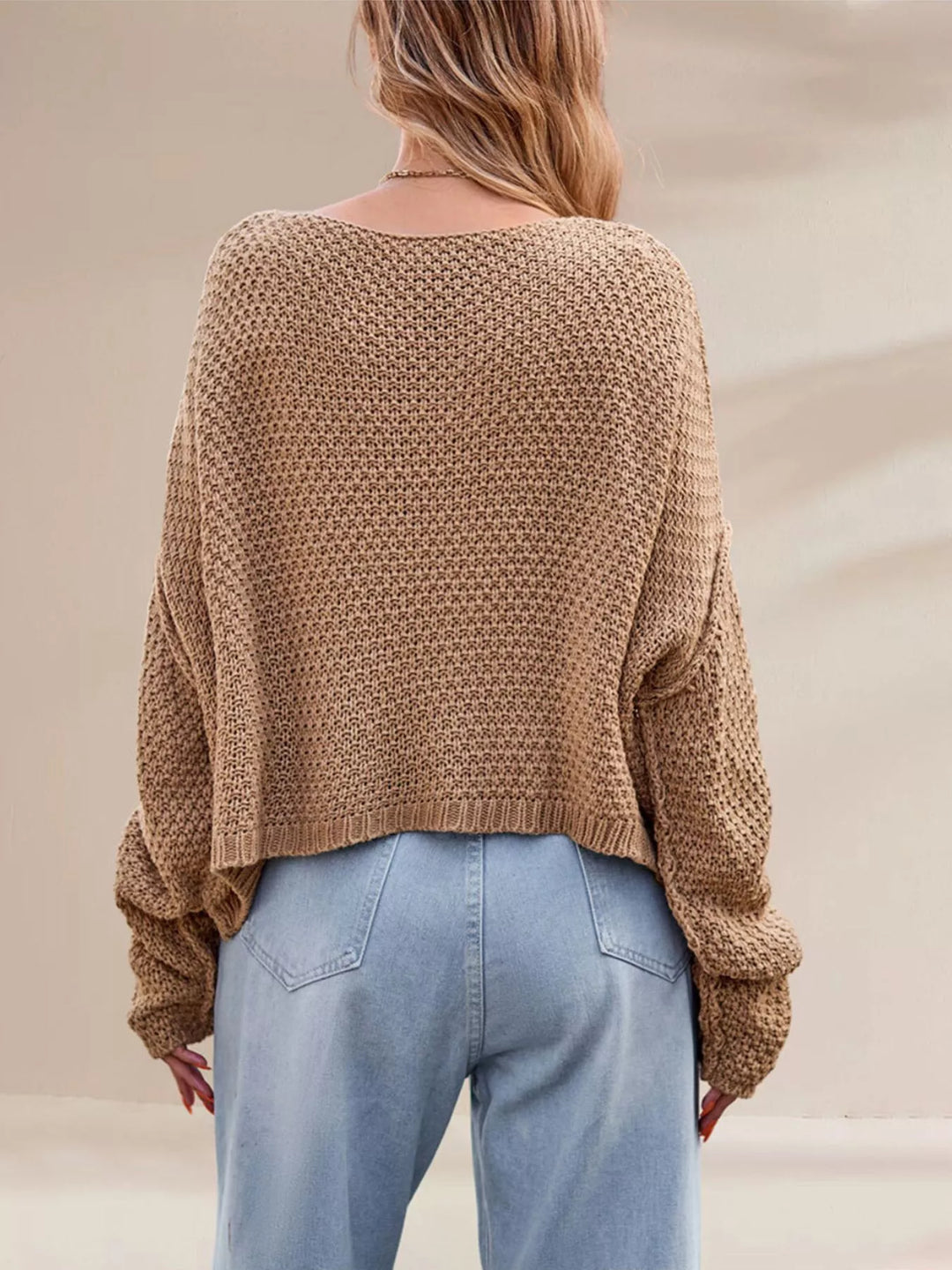 Cable knit drop shoulder sweater with boat neck