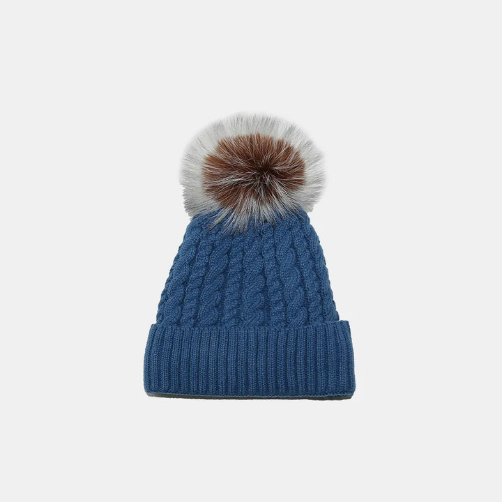 Peacock  Blue Braided cable knit pompom beanie with fold-over cuff