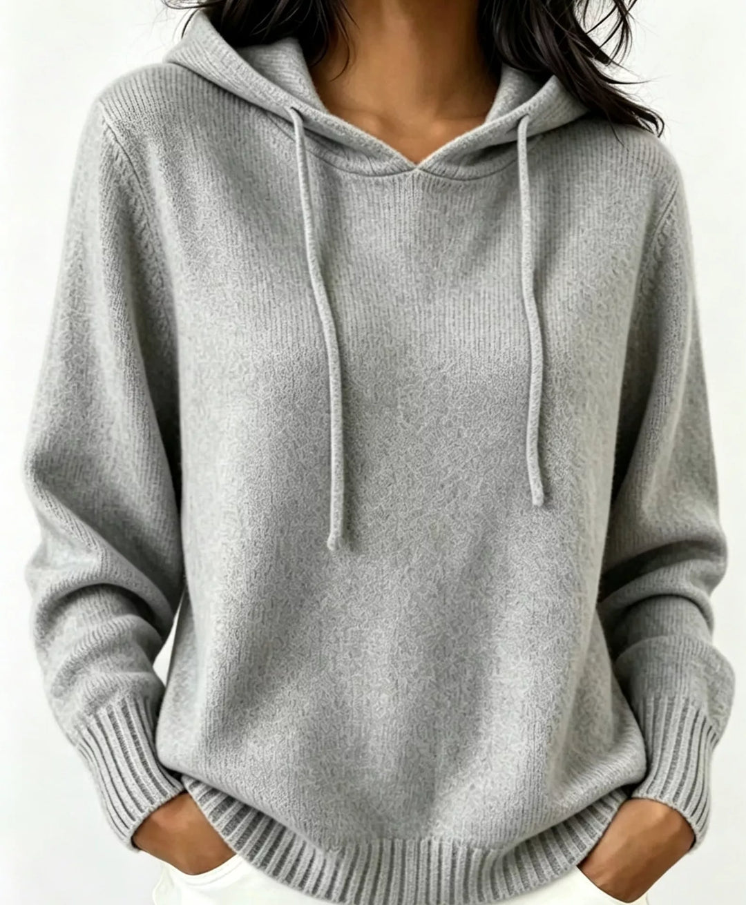 Gray Drawstring hooded knit pullover sweater with ribbed trim