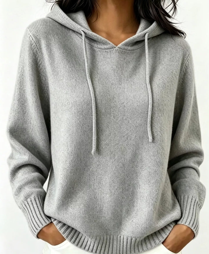 Gray Drawstring hooded knit pullover sweater with ribbed trim