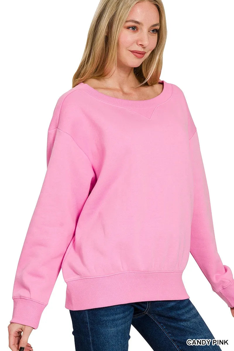 Relaxed boat neck fleece sweatshirt with ribbed cuffs