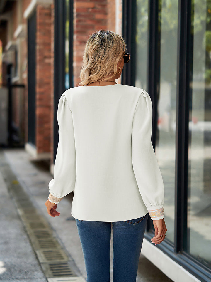 Crochet lace-trim V-neck long sleeve blouse