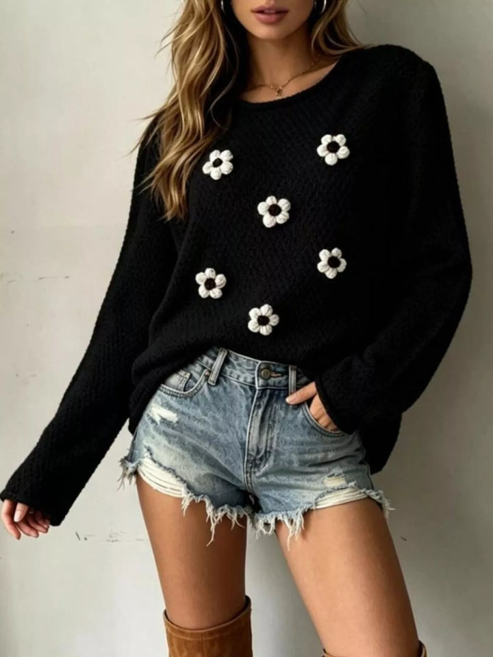 Black Floral applique textured knit sweater with drop shoulders
