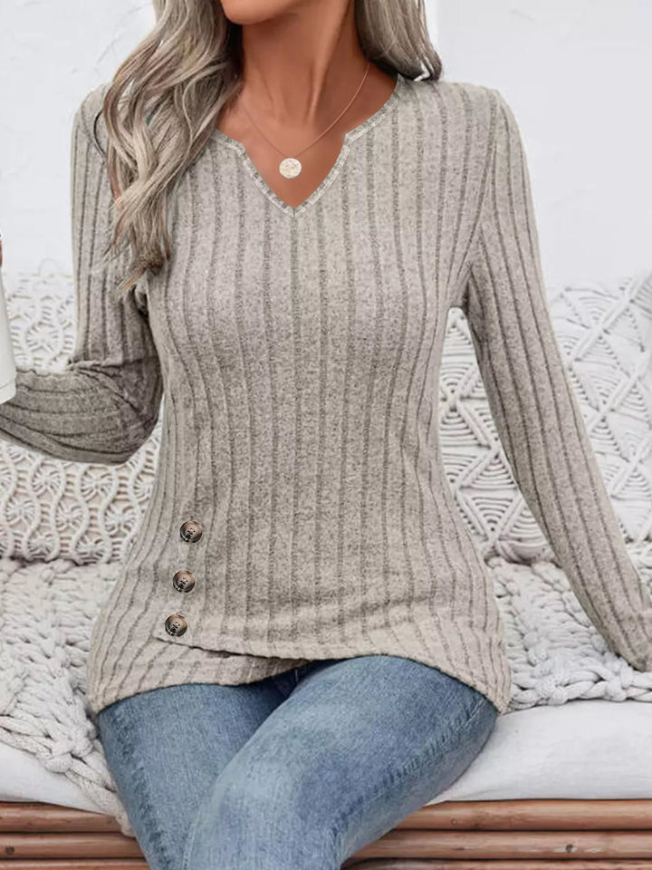 Ribbed knit notched-neck long sleeve top with side buttons