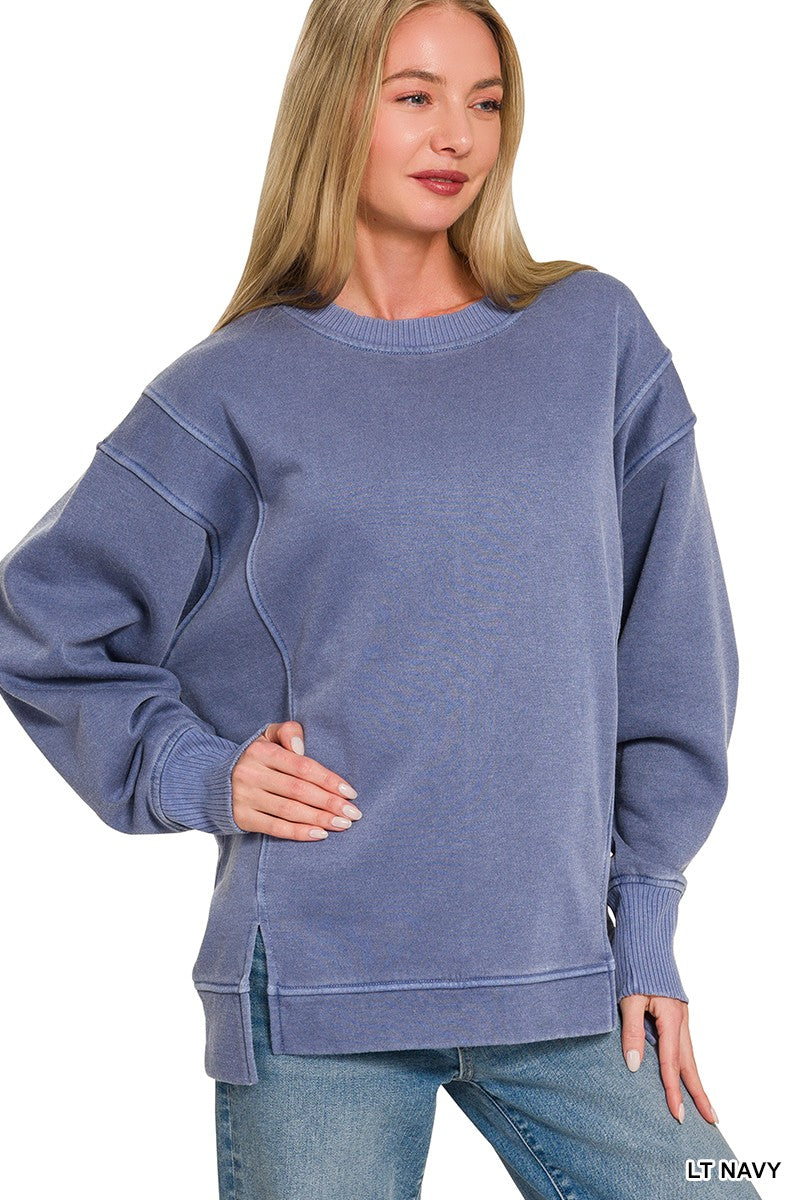 LT NAVY Pigment-dye fleece sweatshirt with exposed seams and side slits
