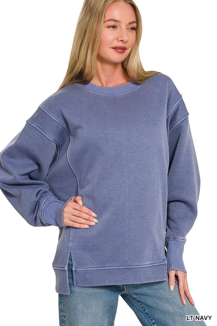 LT NAVY Pigment-dye fleece sweatshirt with exposed seams and side slits
