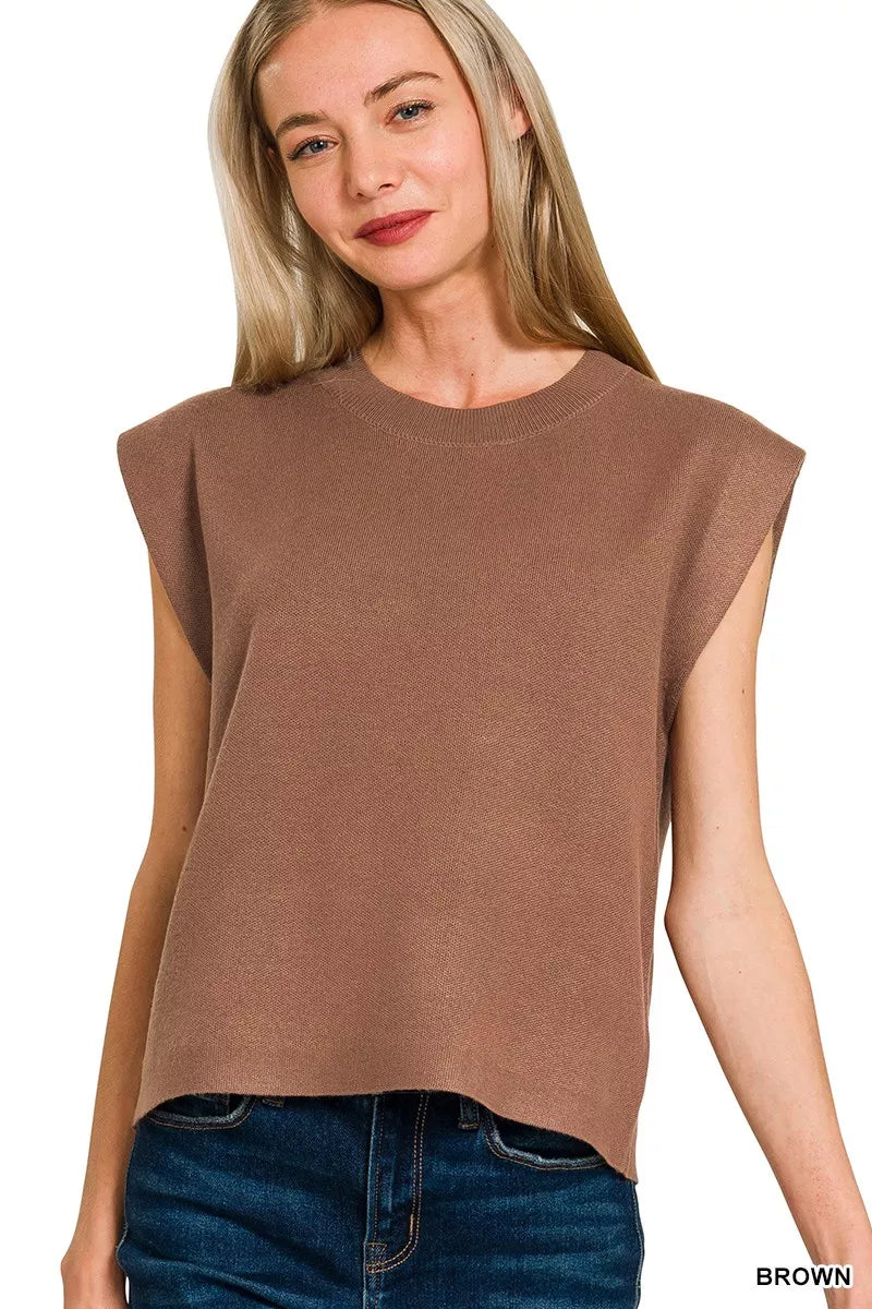 BROWN Boxy sleeveless knit sweater vest with ribbed round neck