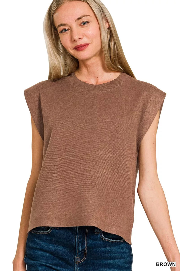 BROWN Boxy sleeveless knit sweater vest with ribbed round neck