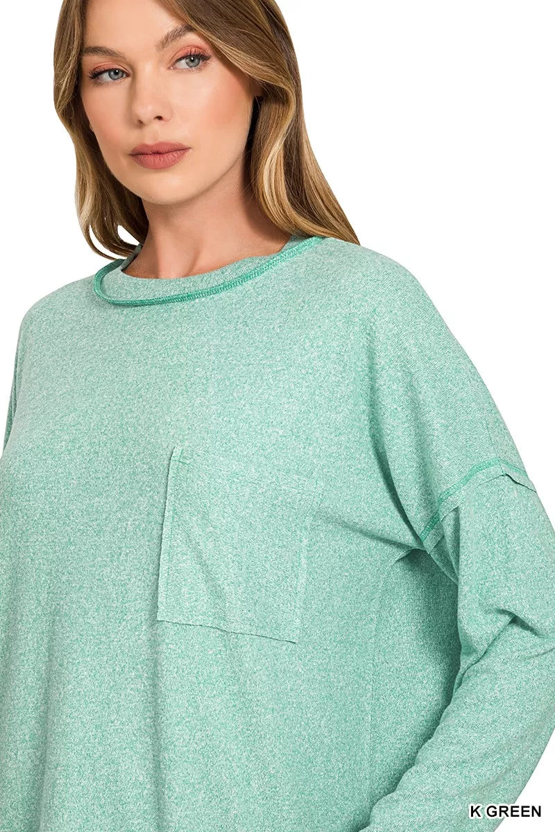 Oversized melange Hacci knit long sleeve top with chest pocket