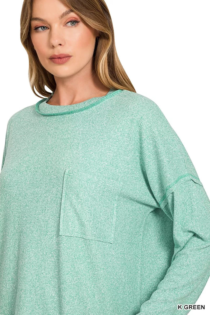 Oversized melange Hacci knit long sleeve top with chest pocket