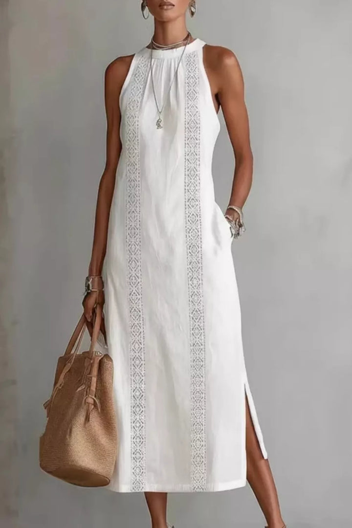 White Sleeveless crochet trim maxi dress with side slit and pockets