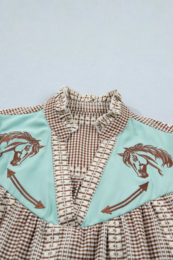 Embroidered horse yoke gingham puff sleeve blouse