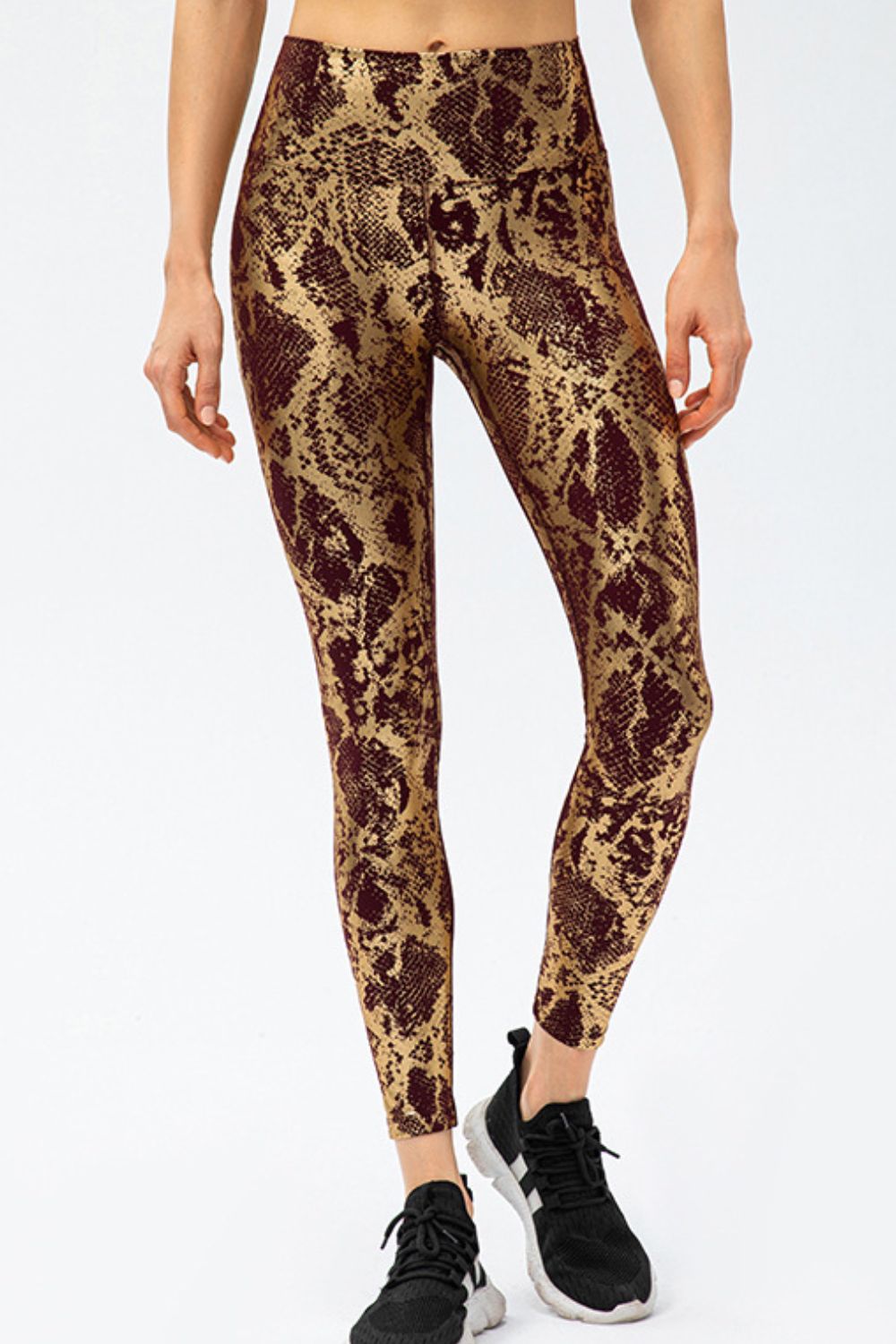 Caramel Metallic snakeskin print wide waistband workout leggings