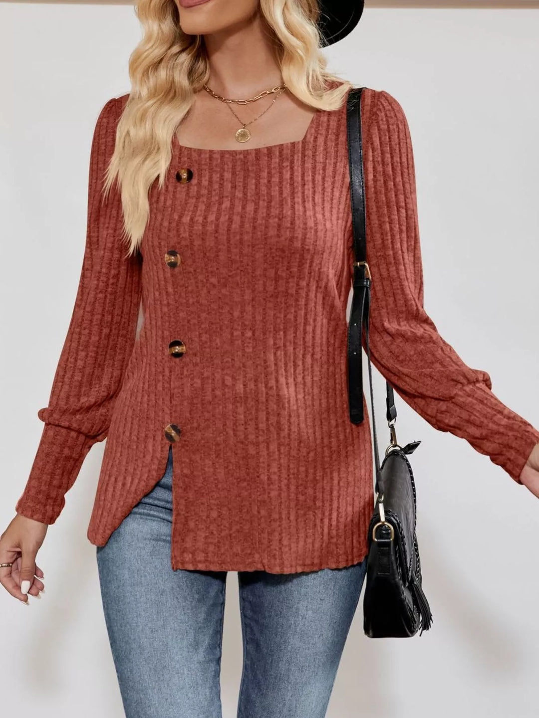 Ribbed knit square-neck top with button trim and side slit