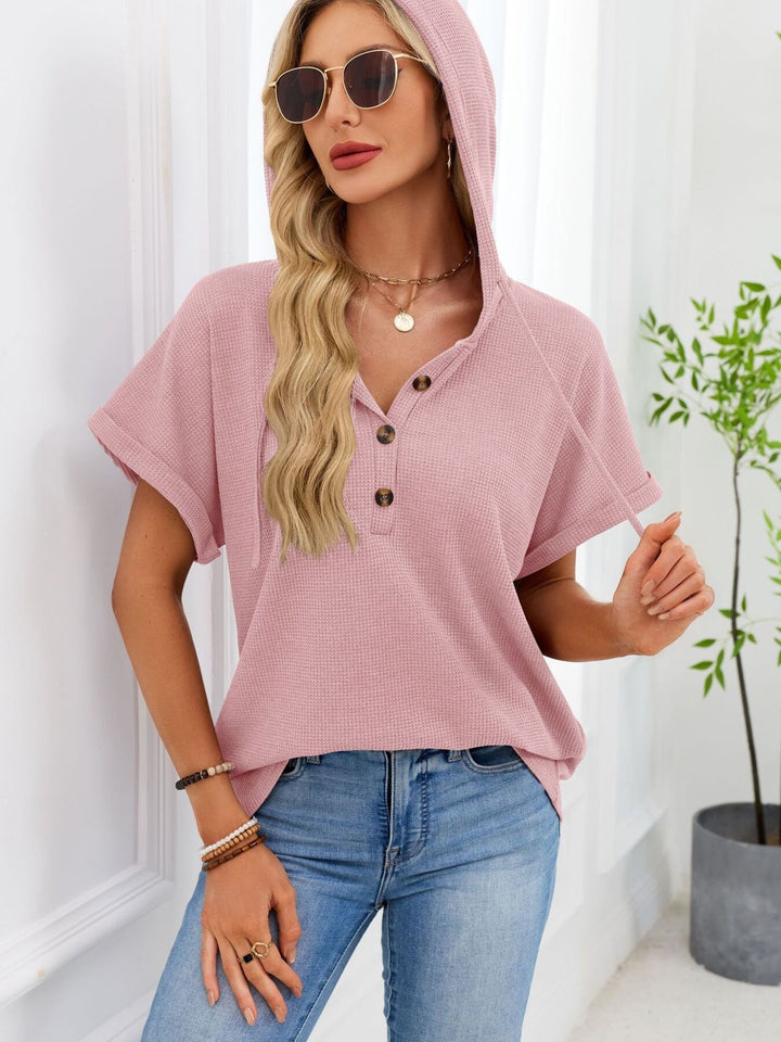 Waffle knit short-sleeve hoodie with button placket