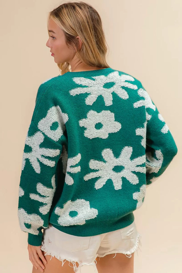 Floral pattern crew neck pullover sweater with long sleeves