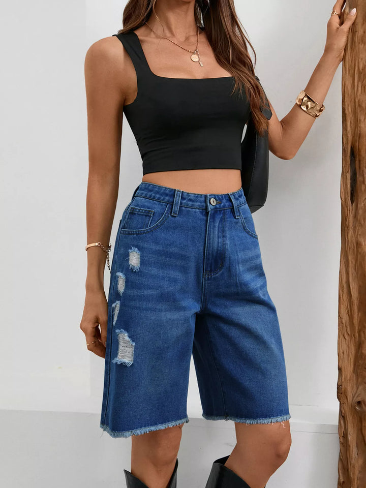 Distressed high-rise denim bermuda shorts with frayed hem