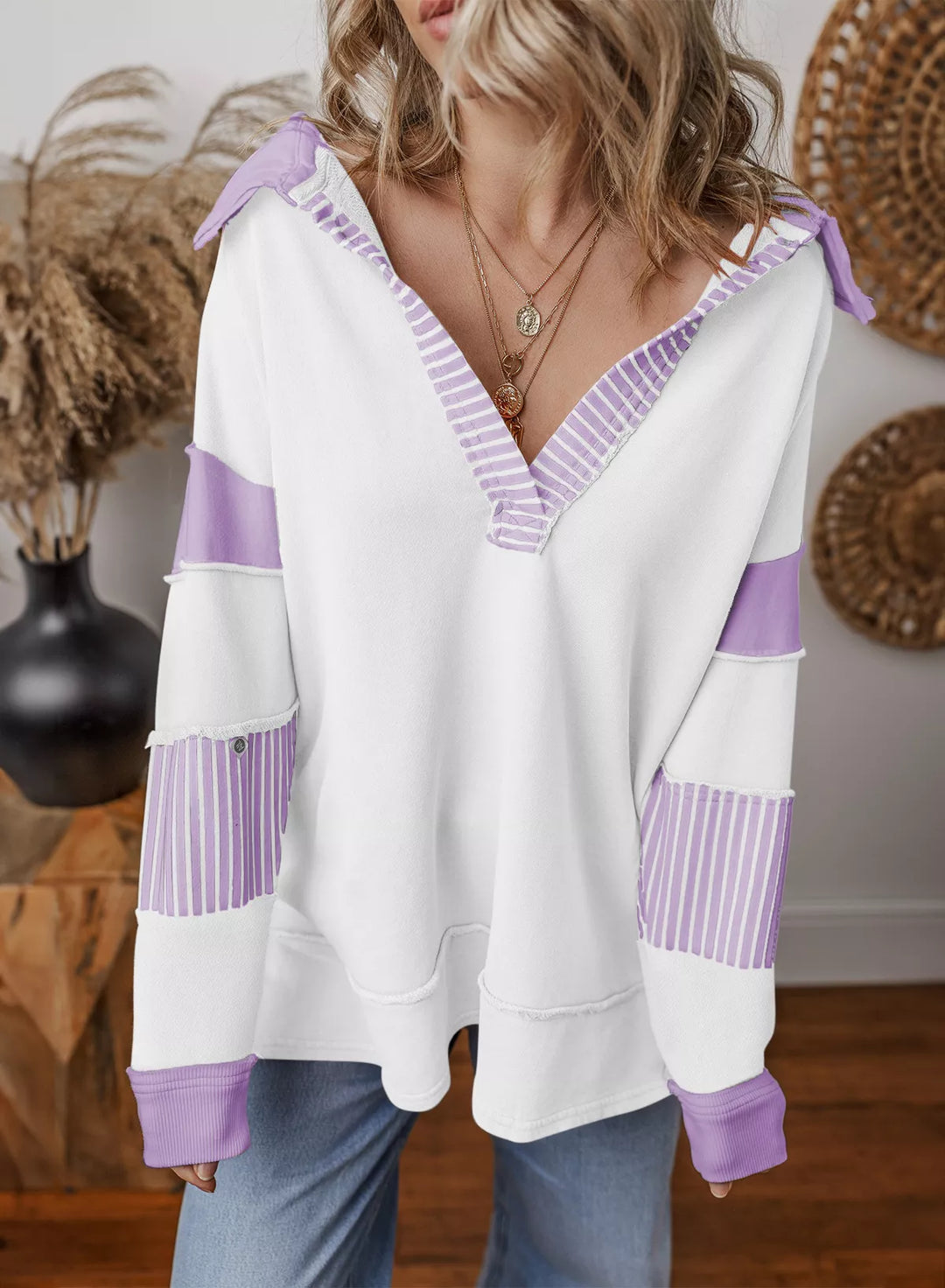 Color block striped Johnny collar sweatshirt with exposed seams