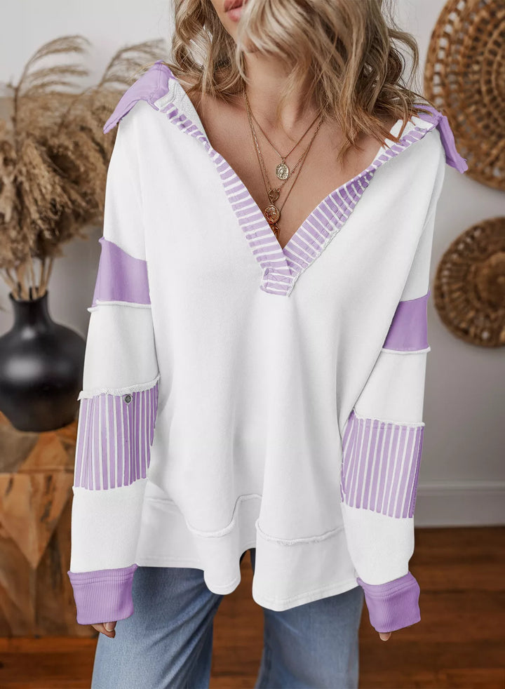 Color block striped Johnny collar sweatshirt with exposed seams