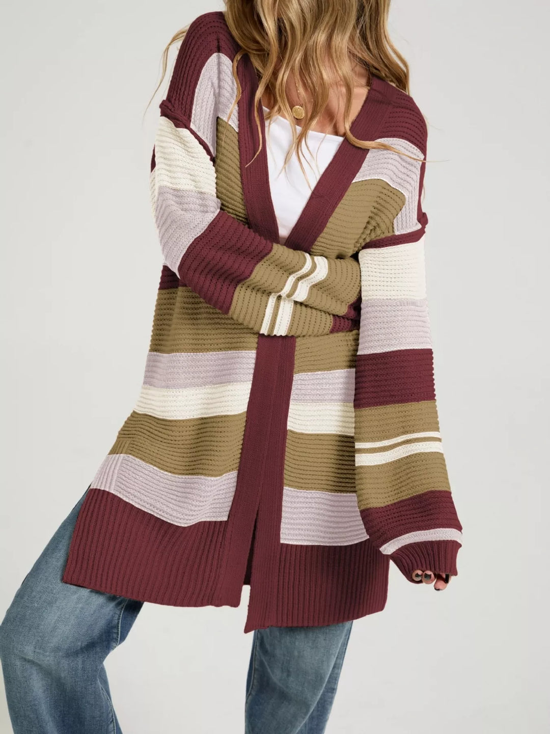 Burgundy Striped color block open front longline cardigan