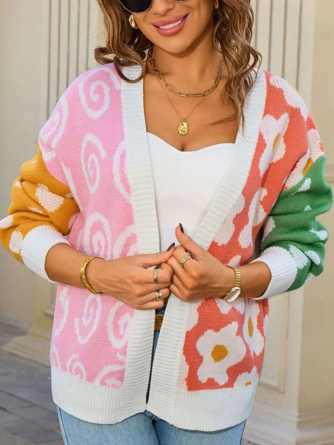 White Floral colorblock open-front knit cardigan