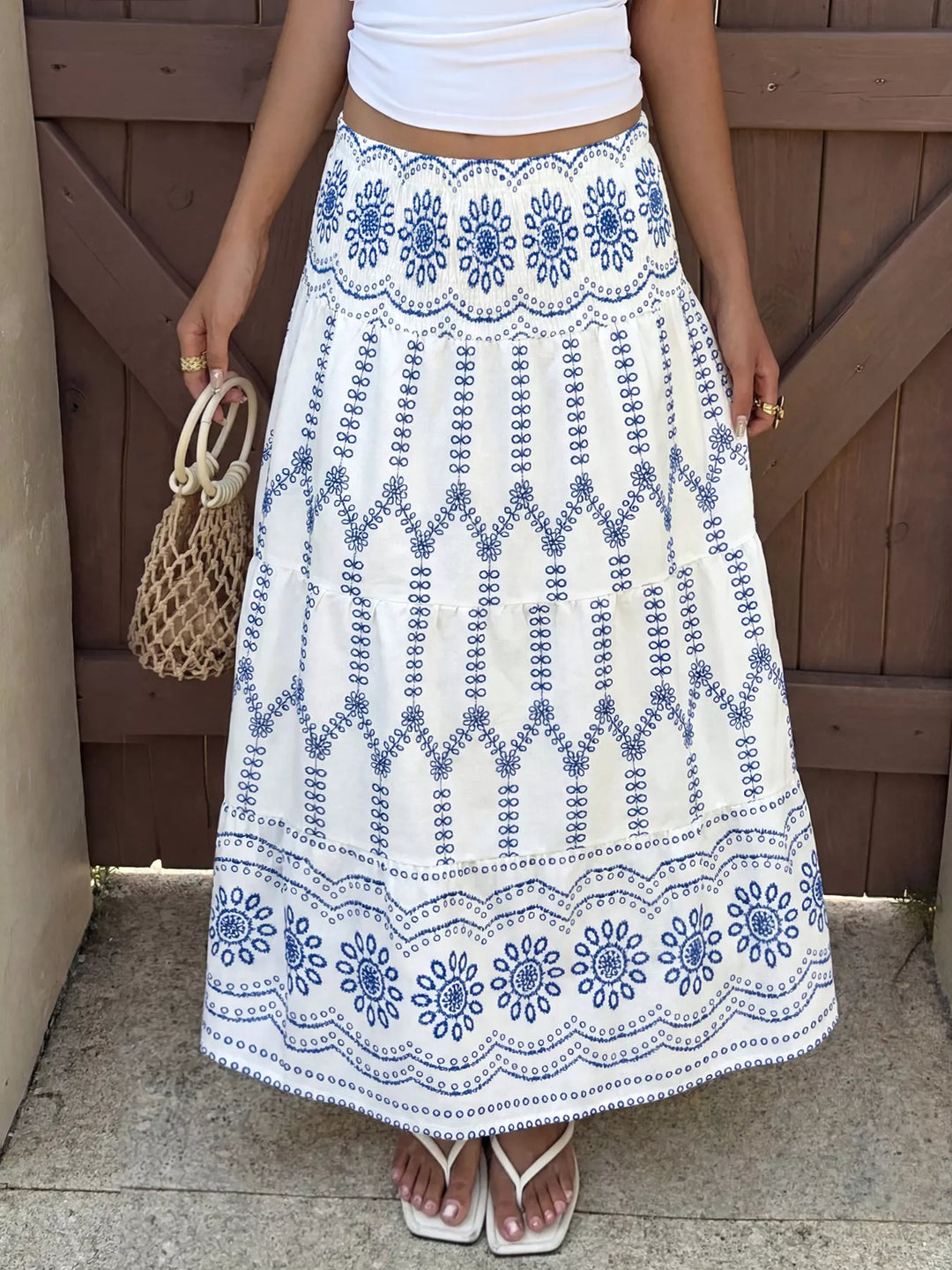 Tiered floral-print maxi skirt with smocked waist