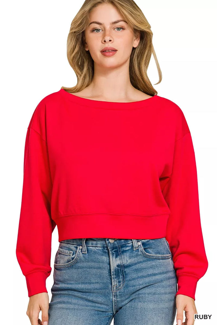 RUBY Long sleeve cropped boat neck scuba sweatshirt