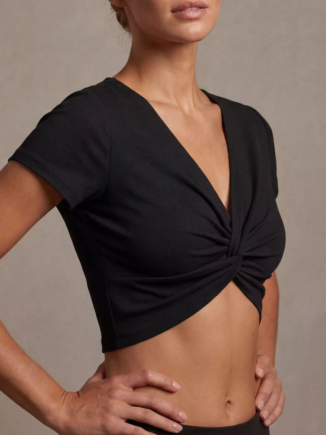 Short-sleeve twist-front deep V-neck crop top