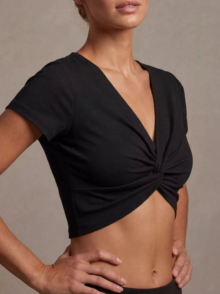 Short-sleeve twist-front deep V-neck crop top