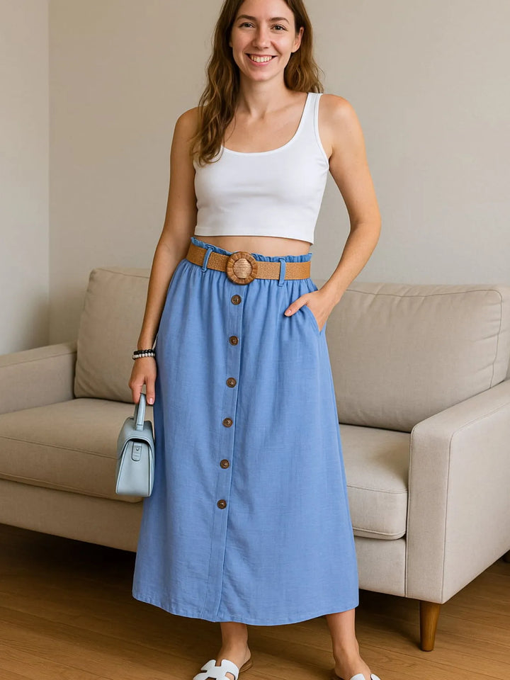 Light Blue Button-front midi skirt with elastic waist and pockets