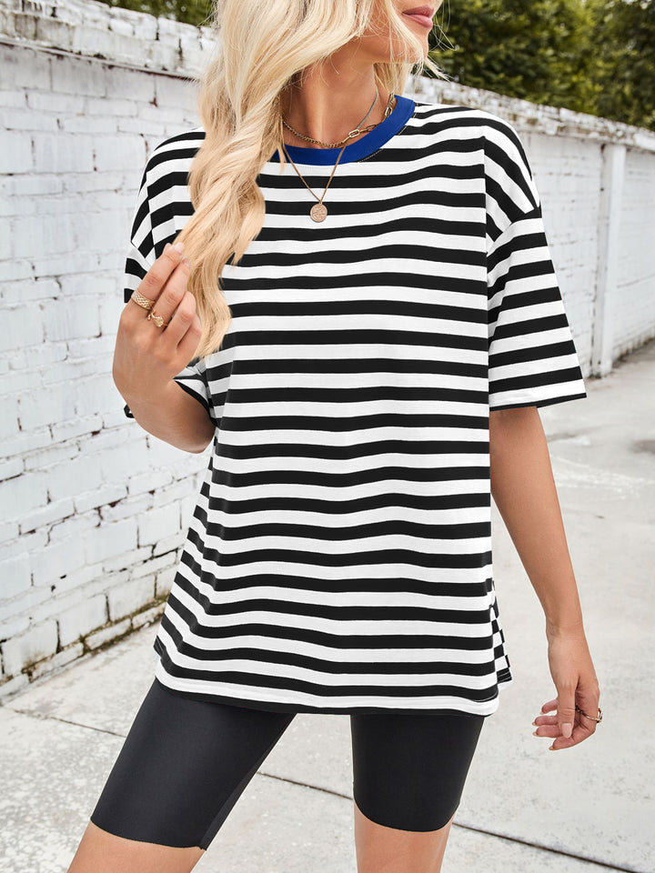 Oversized striped tee with contrast ribbed crew neck