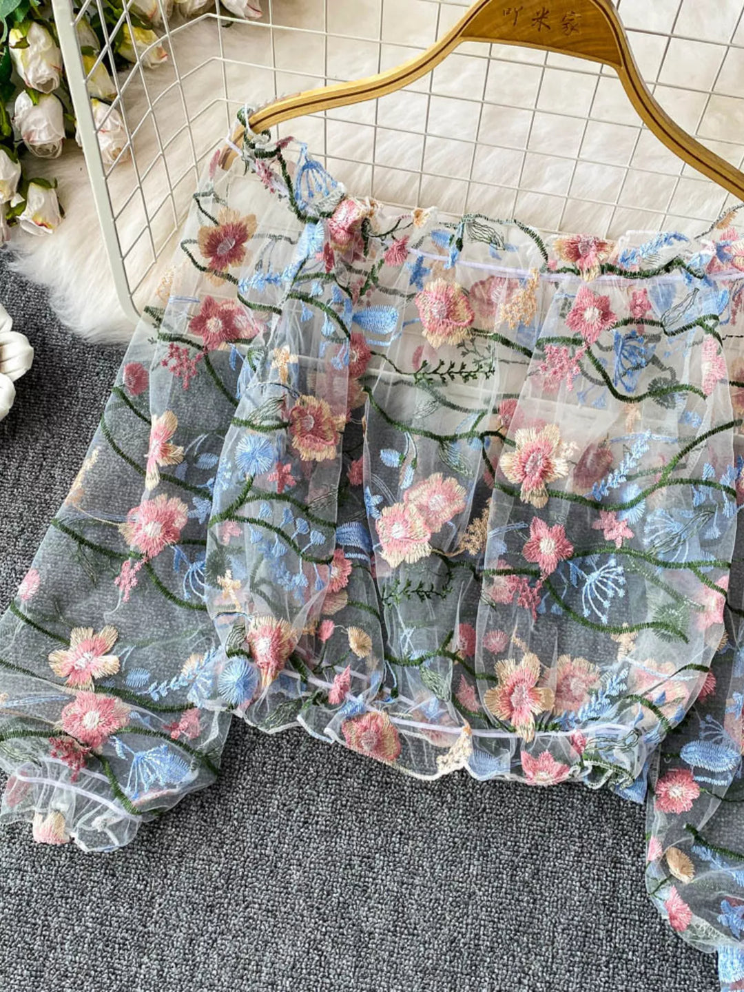 Floral embroidered off-shoulder mesh crop top with puff sleeves