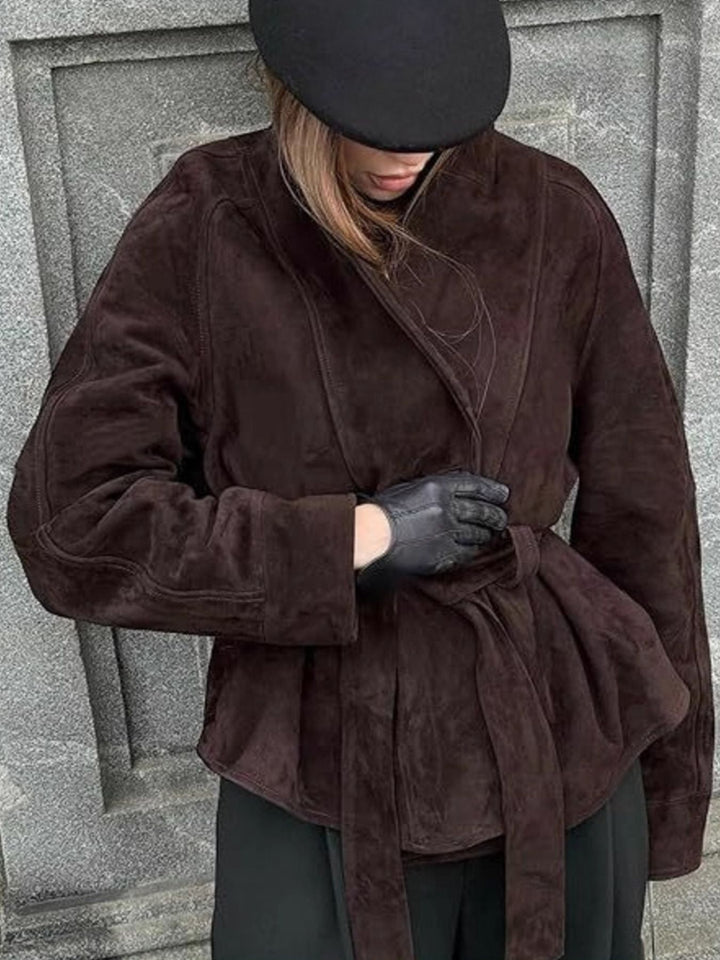 Dark Brown Tie-waist faux suede wrap jacket with peplum hem